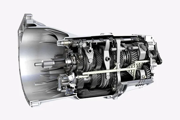 Pieza de transmisión estándar para automóvil, vista detallada de engranajes y componentes internos.