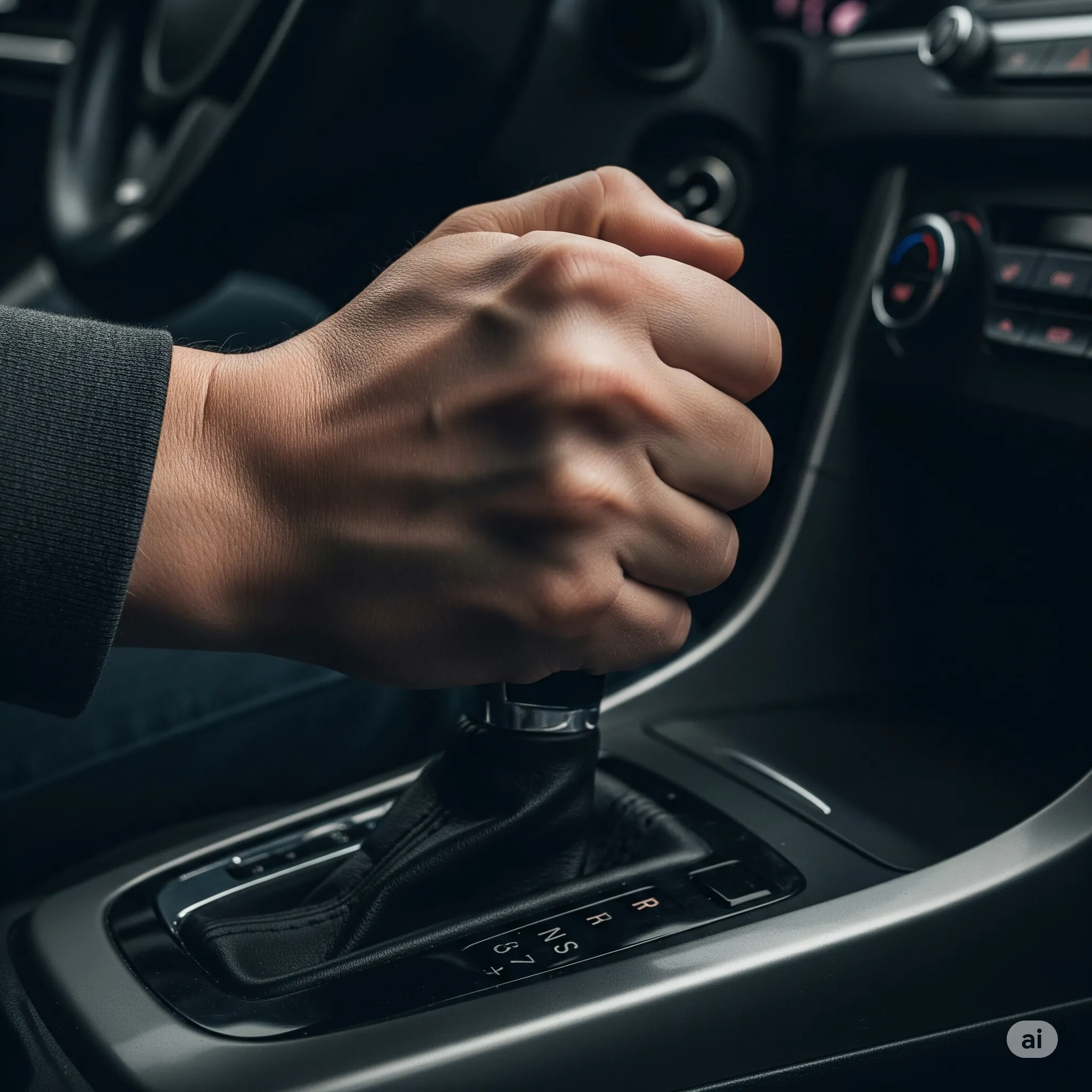 Mano de un conductor intentando mover con esfuerzo la palanca de cambios de un auto con transmisiones automáticas, mostrando una posible falla al cambiar de marcha