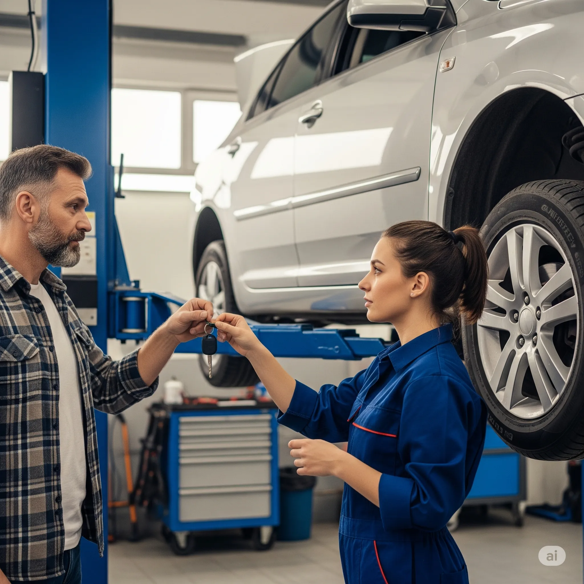 Conductor frente a una mecánica profesional entregando su auto para revisión de la transmisión estándar, en el exterior de un taller mecánico