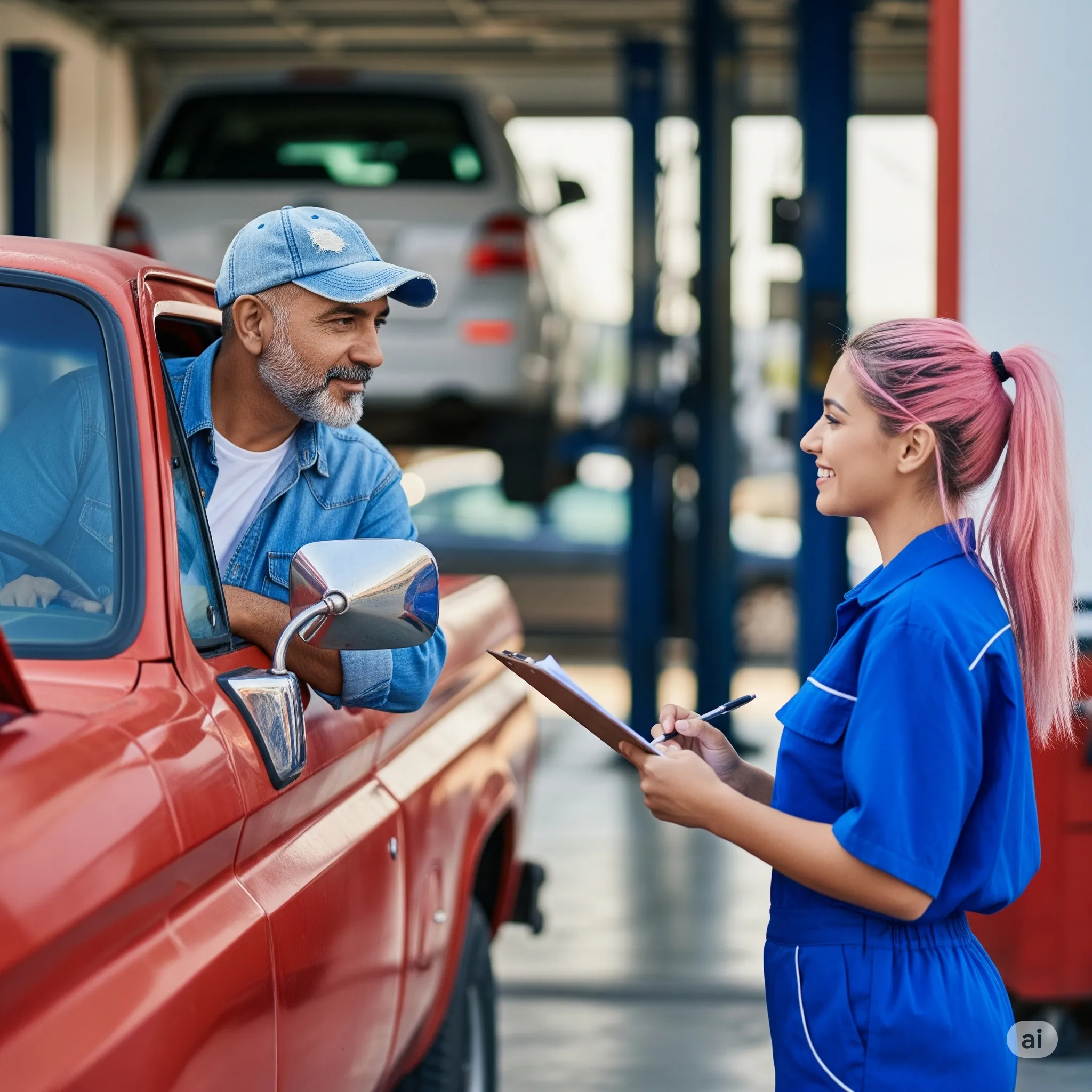 Escena en la que un conductor llega en su camioneta roja a un taller mecánico, donde una técnica lo recibe para revisar posibles fallas en las transmisiones automáticas