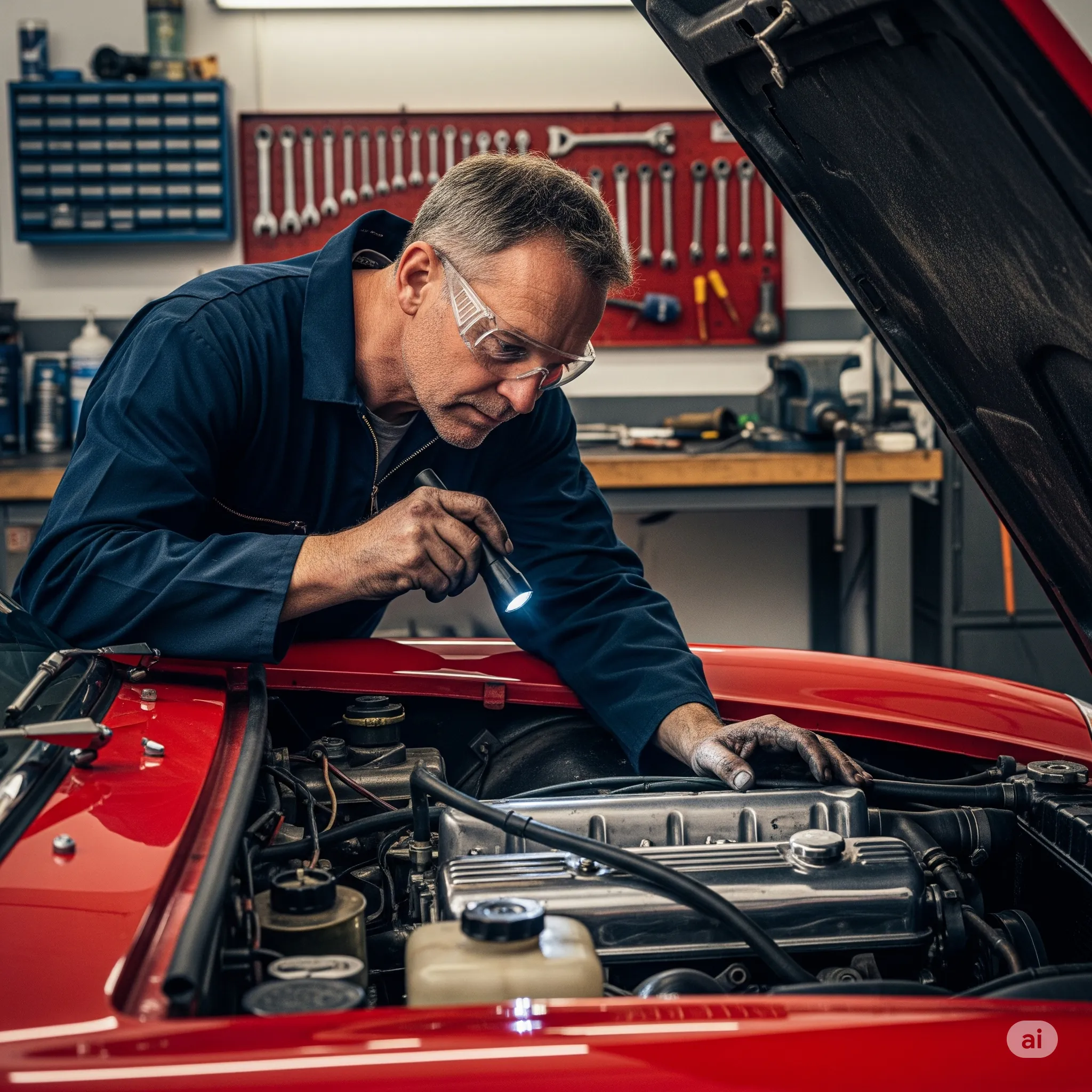 Mecánico inclinado sobre el motor de un vehículo, inspeccionando el área donde se conecta el chicote de cambio a la caja de velocidades