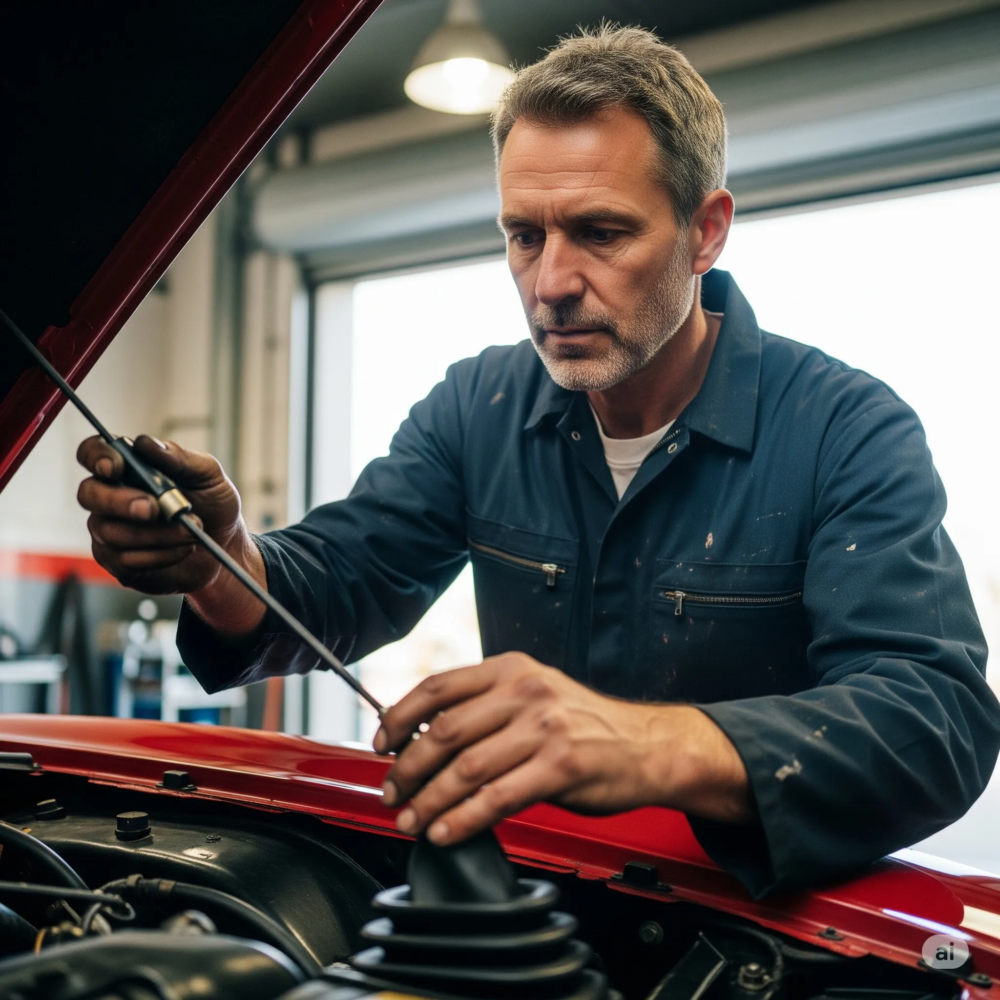 Mecánico observando el chicote de cambio bajo el cofre del vehículo dentro de su taller, realizando una inspección para detectar desgaste o falla