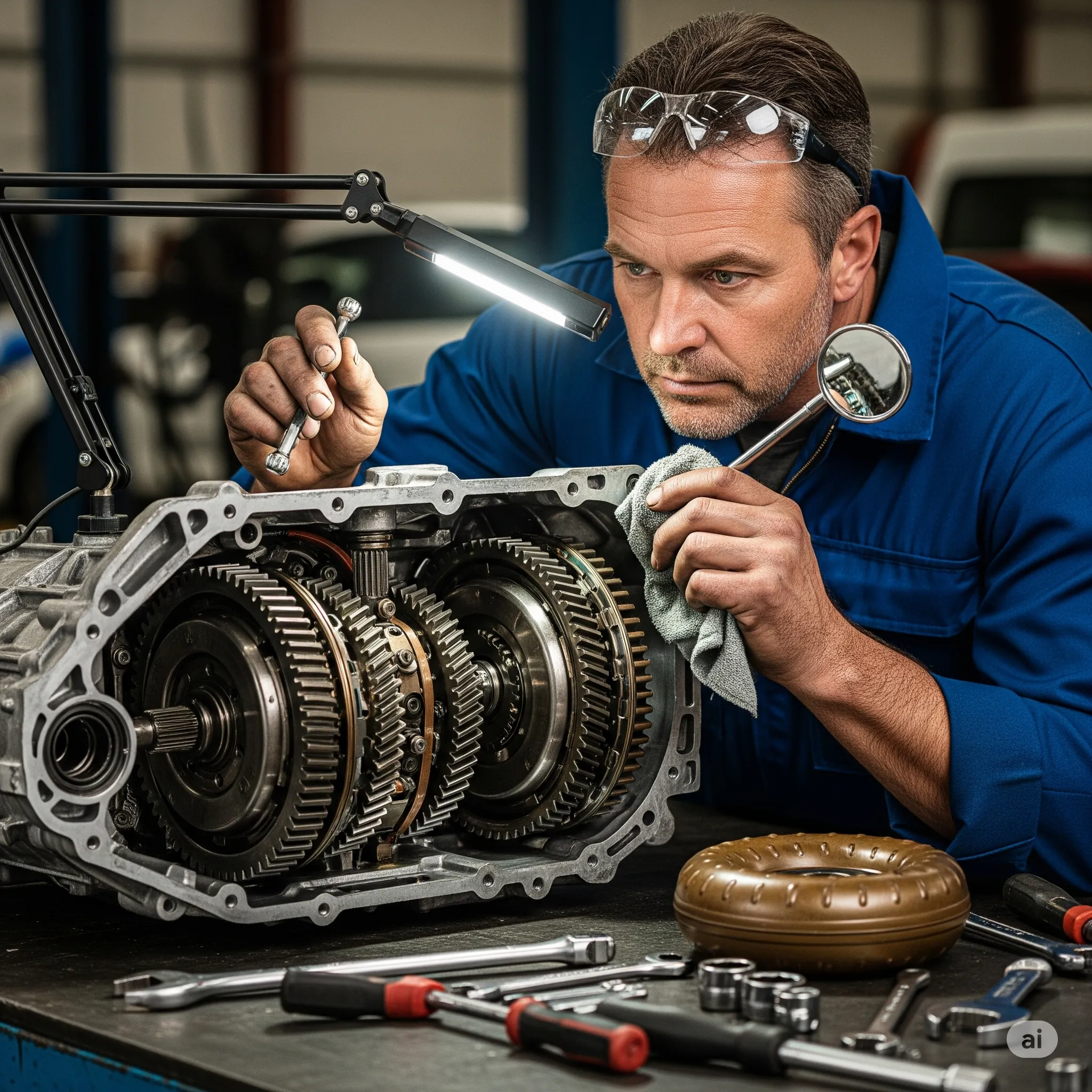 El diagnóstico profesional es esencial para mantener el buen funcionamiento y conocer a fondo cómo funciona la transmisión automática en vehículos modernos. Técnico automotriz inspeccionando una transmisión hidráulica desmontada.