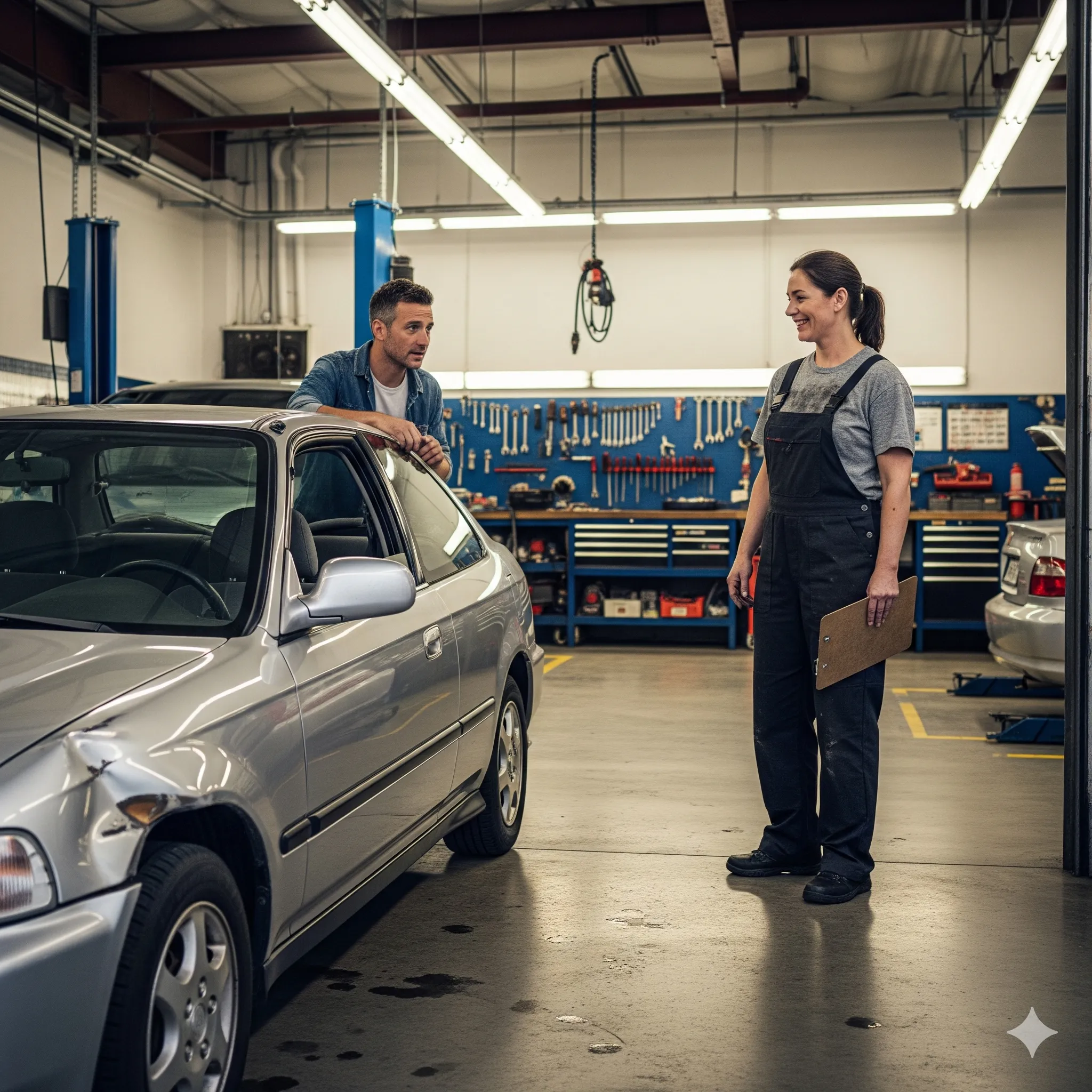 fotografía representativa de un conductor llevando su automóvil a revisión con una mecánica profesional para obtener un diagnóstico completo y resolver definitivamente por qué mi caja automática patea durante la conducción y en los cambios de velocidad imagen de un conductor dentro de un taller de servicio conversando con una mecánica sobre los problemas de transmisión mientras señala las fallas y comenta por qué mi caja automática patea en ciertas situaciones