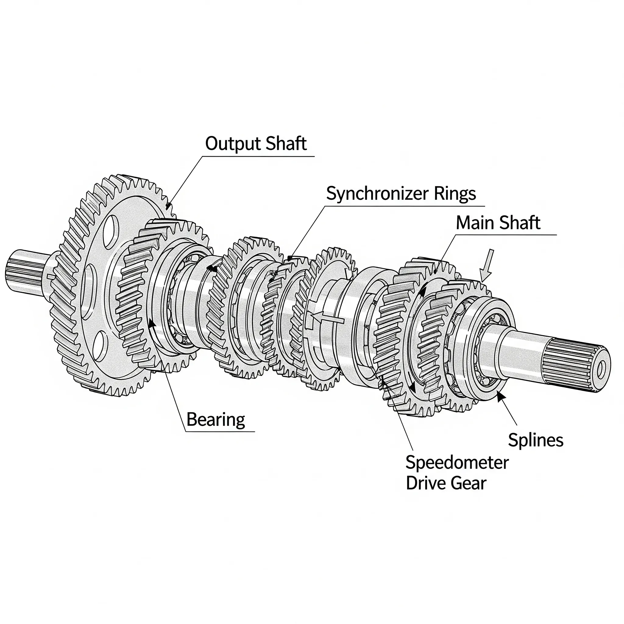 representación gráfica detallada de un diagrama técnico del eje de transmisión que forma parte de las partes de la transmisión estándar de un automóvil