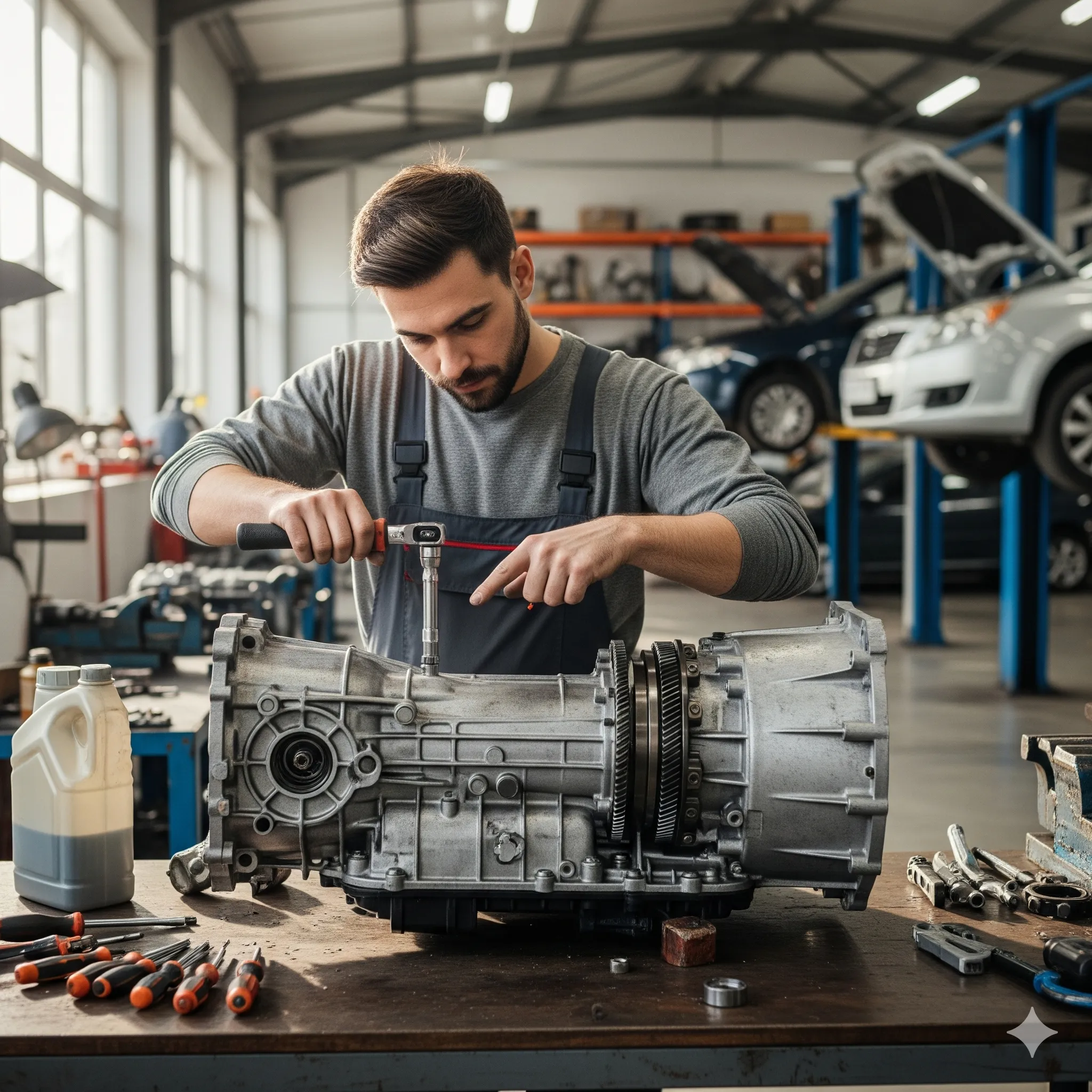 mecánico profesional revisando y dando mantenimiento a una parte de la transmisión automática dentro de un tallermecánico profesional revisando y dando mantenimiento a una parte de la transmisión automática dentro de un tallermecánico profesional revisando y dando mantenimiento a una parte de la transmisión automática dentro de un taller