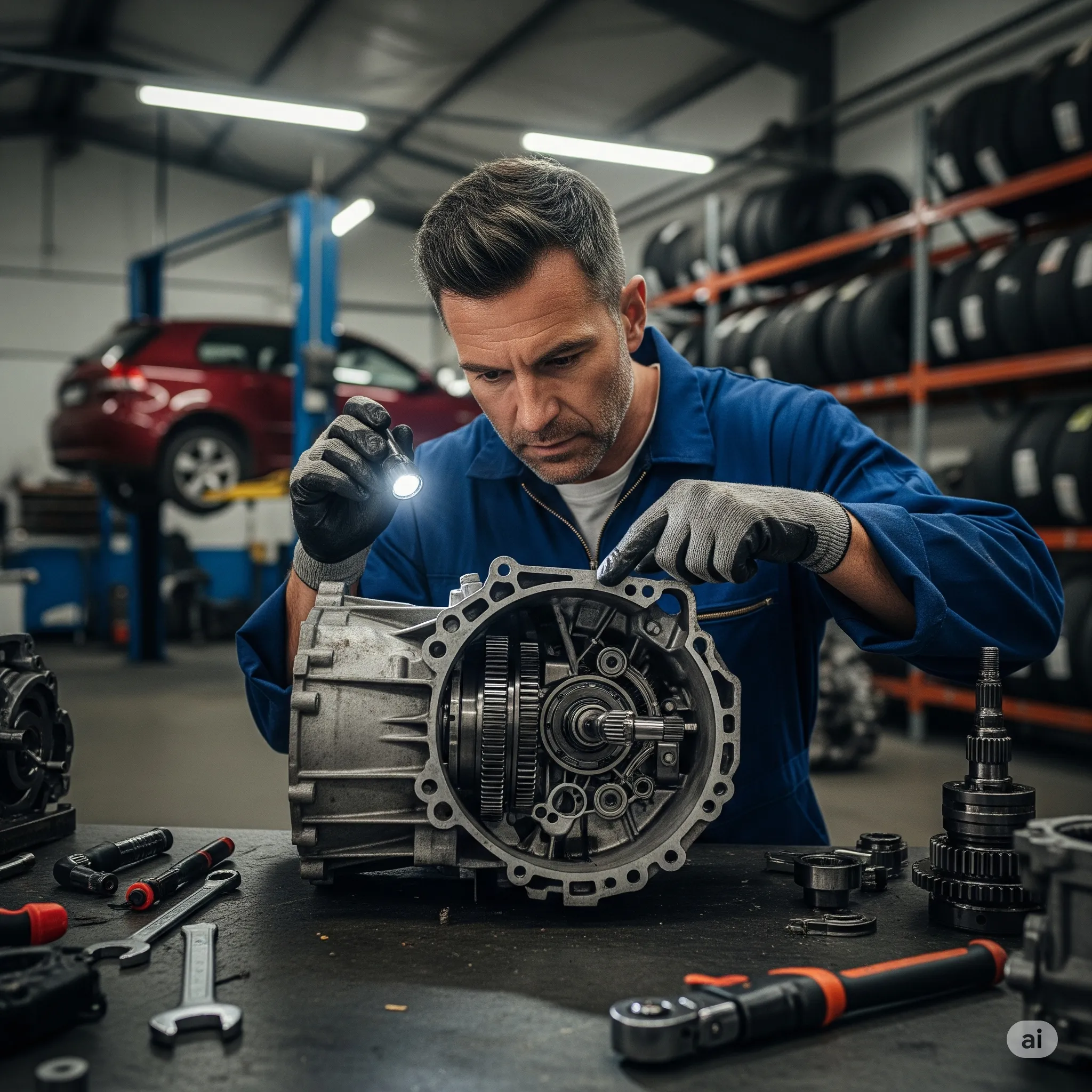 Mecánico examinando una caja de velocidades fuera del coche para diagnosticar problemas y explicar cuál es la función de la caja de velocidades en la transmisión.