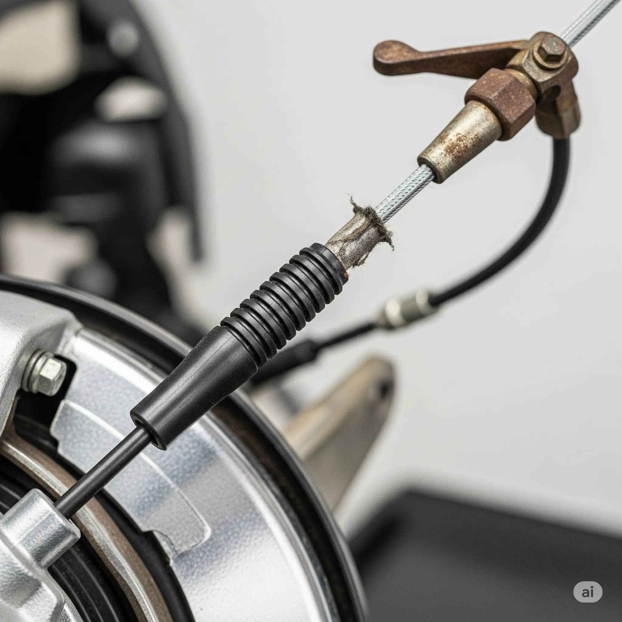 Primer plano de un cable de frenos, uno de los tipos de cables automotrices esenciales para la seguridad del vehículo.