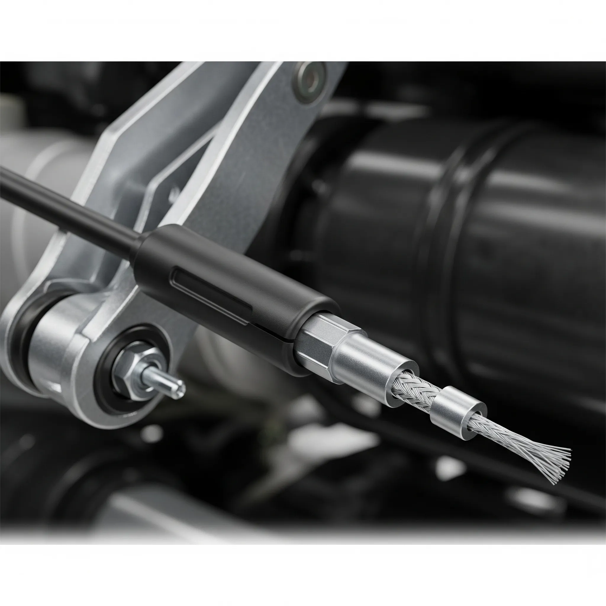 Enfoque sobre la punta trenzada de un cable de clutch, un ejemplo claro de los tipos de cables automotrices utilizados en sistemas de embrague.