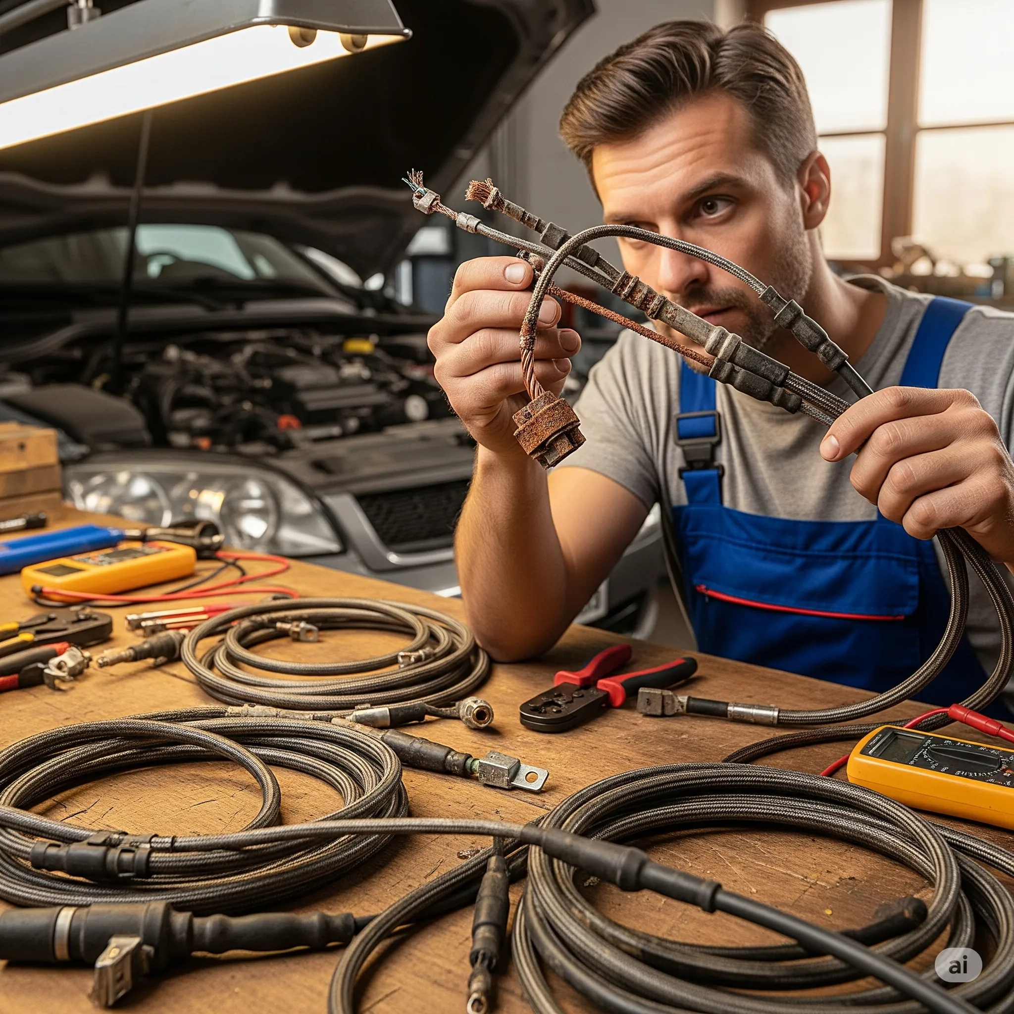 Mecánico examinando diferentes tipos de cables automotrices para determinar si requieren mantenimiento o cambio.