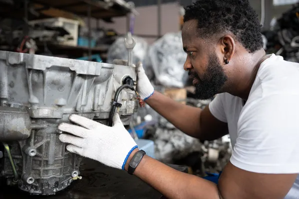 Mecánico especializado inspecciona una transmisión fuera del coche, parte del diagnóstico para identificar cómo saber cuando una transmisión estándar está fallando