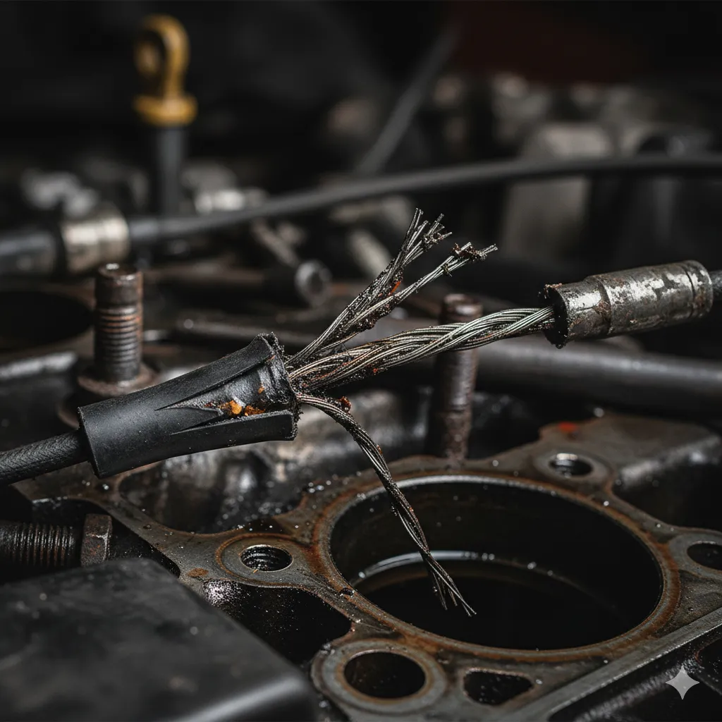 Detalle de un chicote de cambios automotriz roto y deshilachado, con los cables internos expuestos y desgastados, indicando una falla