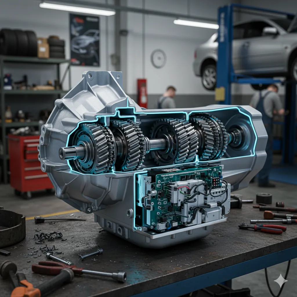 Vista en sección de los engranajes planetarios, el embrague y los discos de fricción que componen el mecanismo interno de una transmisión automática.