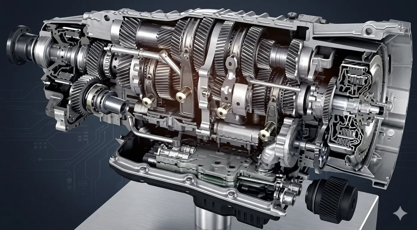 Primer plano de una transmisión manual, donde se visualizan engranajes metálicos internos que funcionan con aceite.