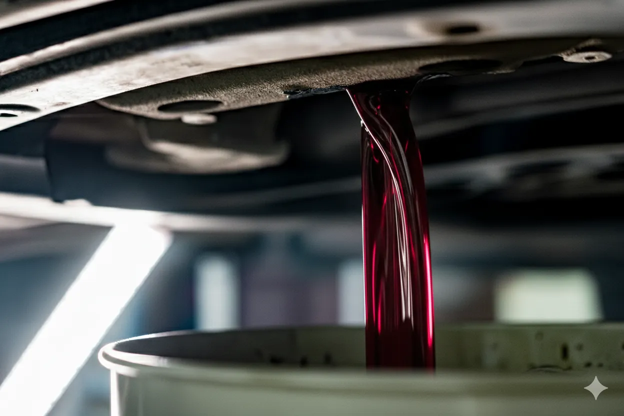 Fluido rojo oscuro saliendo del cárter indicando que es momento de cambiar el aceite para transmisión automática