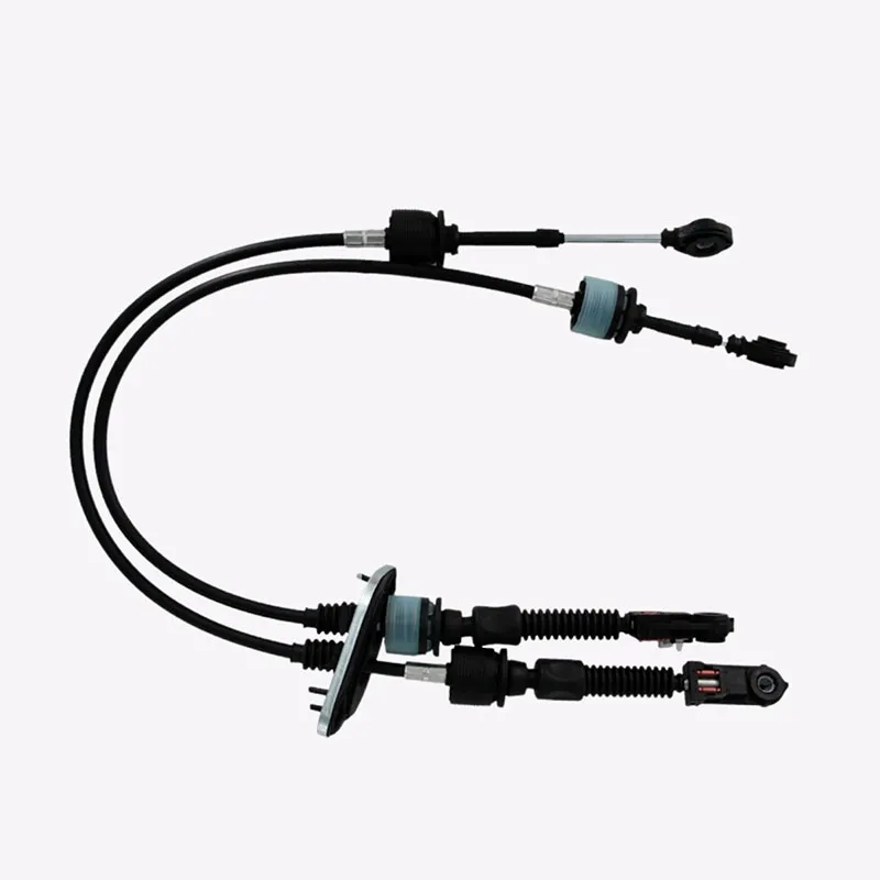 Pareja de cables automotrices de selector de cambios con fundas negras, clips de plástico y hules protectores.