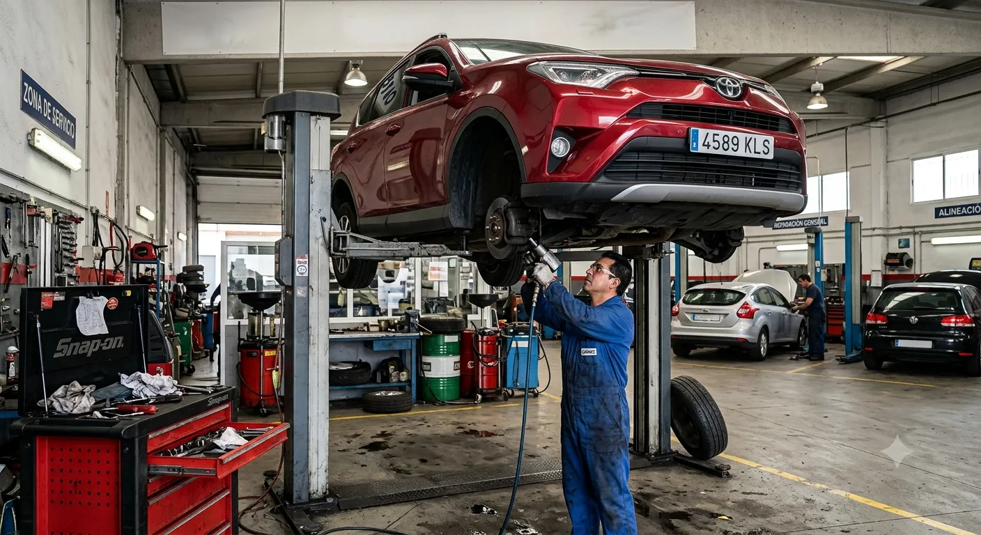 Mecánico en taller trabajando bajo un auto rojo en elevador. Al fondo hay otros autos y equipos de servicio automotriz.<br />
