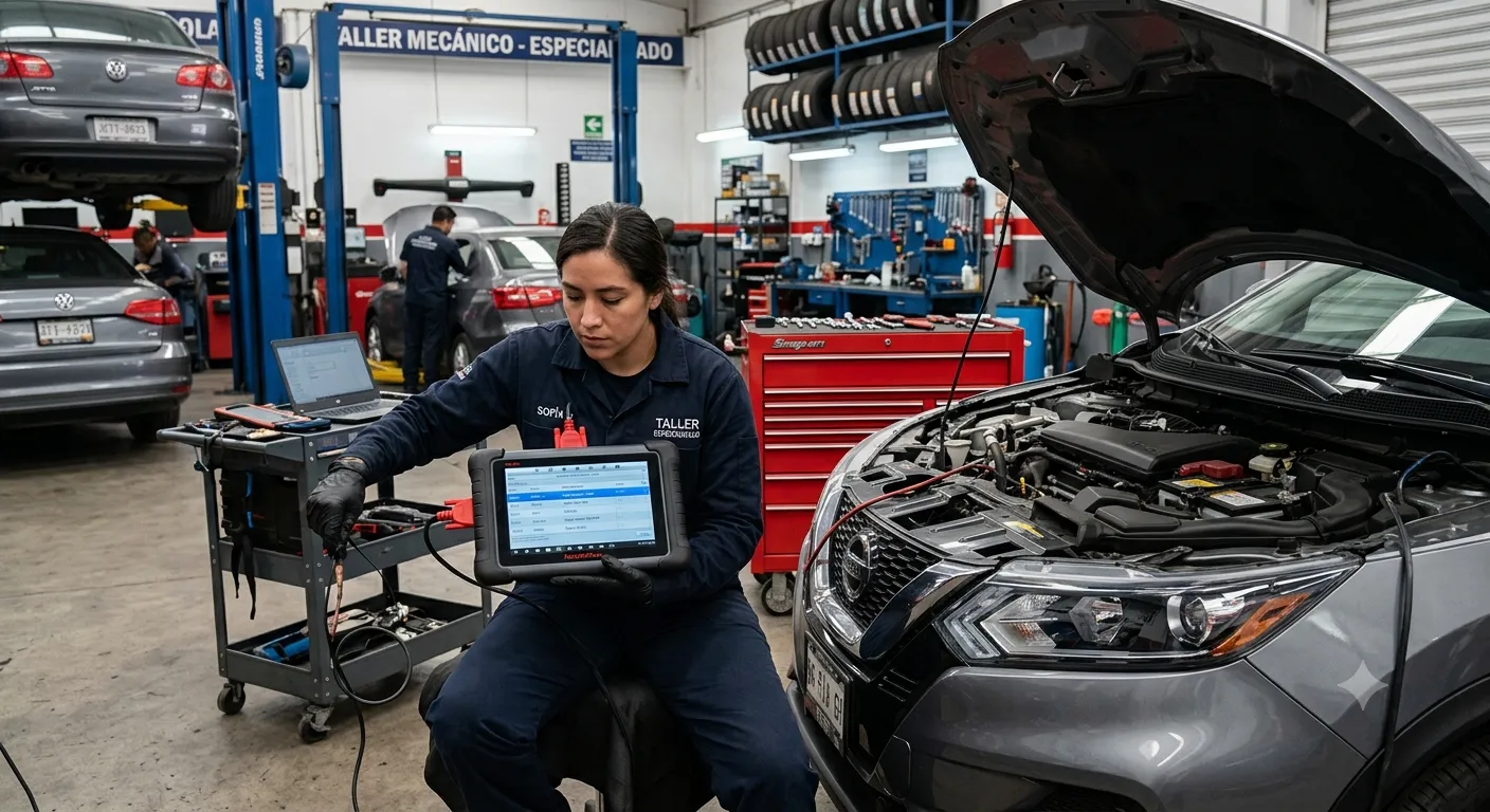 Una mecánica utiliza un escáner para diagnosticar un carro de transmisión automática. El carro vibra al cambiar de velocidades.