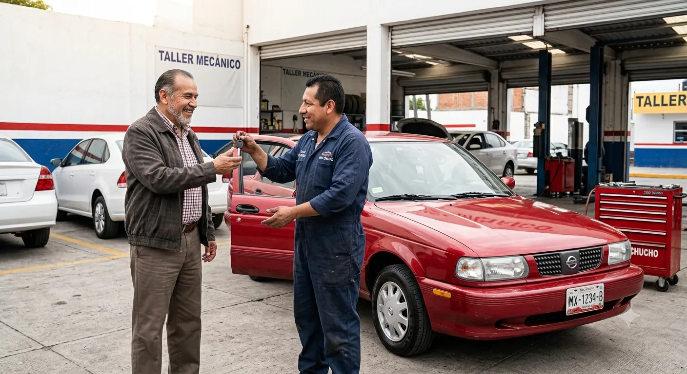 Un mecánico le entrega las llaves a un cliente en su taller. El carro vibra al cambiar de velocidades fue el problema reportado.