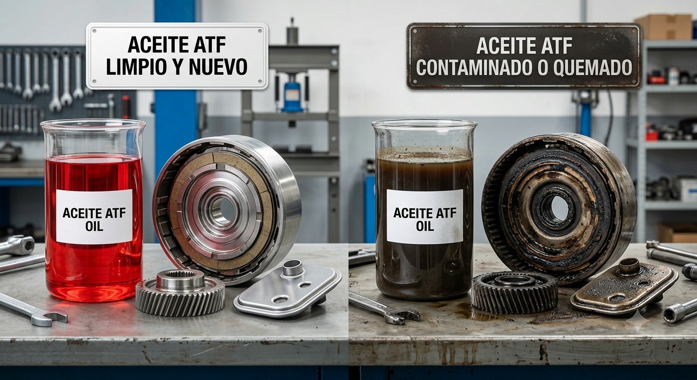 Comparación de aceite ATF nuevo y quemado para ilustrar visualmente por qué patina la transmisión automática por falta de mantenimiento. 