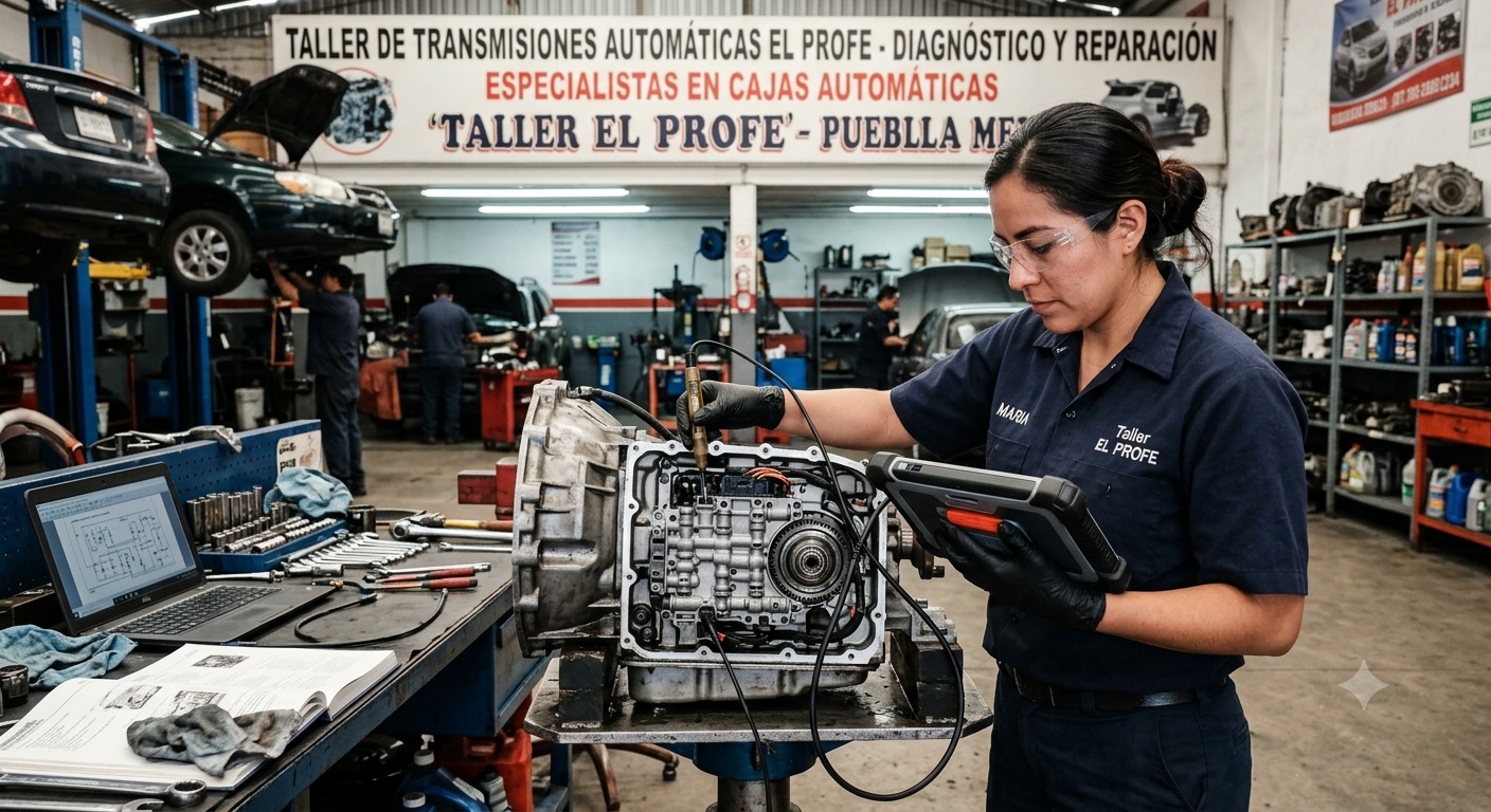 Una técnica en el "Taller El Profe" escanea una caja de cambios para saber por qué patina la transmisión automática. 