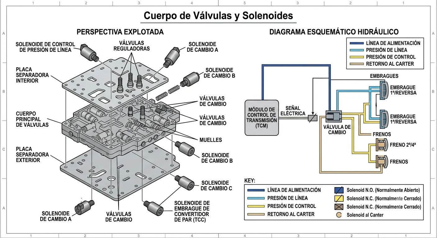 Un diagrama técnico que muestra el despiece y el funcionamiento hidráulico del cuerpo de válvulas.