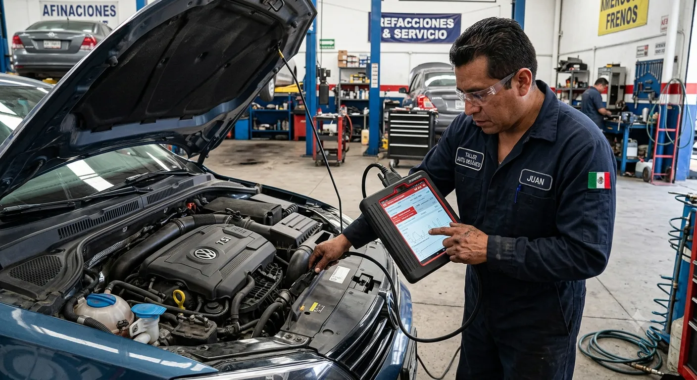 El mecánico utiliza un escáner de diagnóstico bajo el capó de un coche en el taller.