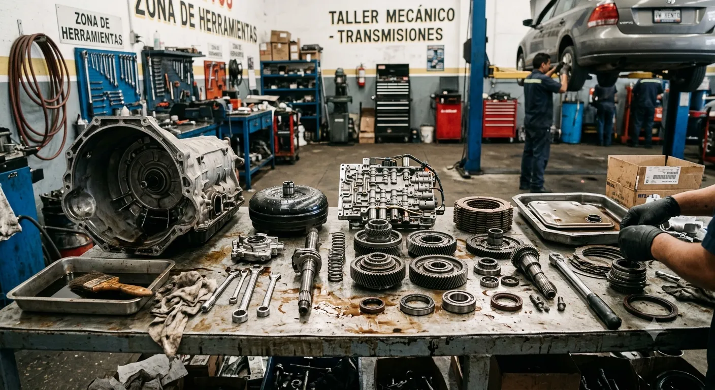 Mesa de trabajo con todas las piezas de una transmisión automática desarmada en un taller mecánico.