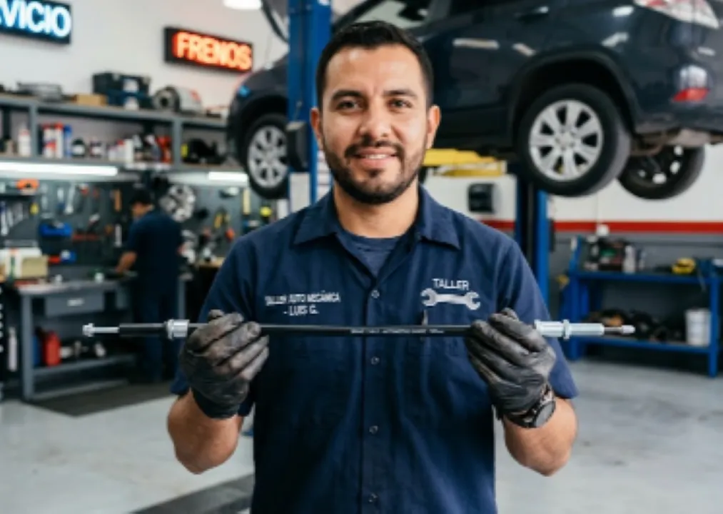 Un mecánico sonriente con guantes negros sostiene un cable automotriz de control mecánico en un taller de reparación.