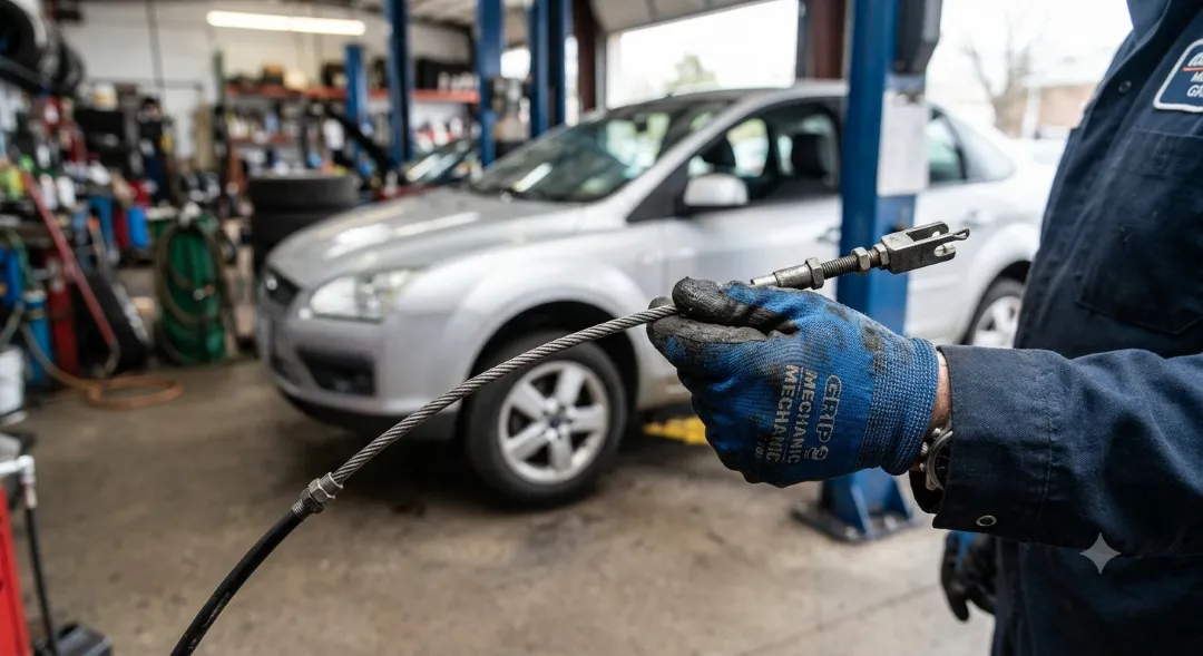 Un mecánico sostiene cables automotrices en un taller, con un auto al fondo.